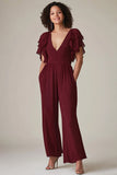 Burgunderfarbener Chiffon-Mutter-Jumpsuit mit Rüschenärmeln