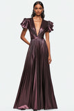 Dusty Purple Kleid aus plissiertem Metallic-Satin mit V-Ausschnitt