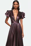 Dusty Purple Kleid aus plissiertem Metallic-Satin mit V-Ausschnitt