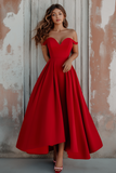 Rotes schulterfreies A-Linien-Abendkleid