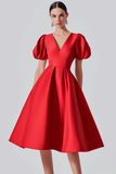 Rotes formelles Kleid aus A-Linien-Satin mit Puffärmeln