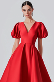 Rotes formelles Kleid aus A-Linien-Satin mit Puffärmeln