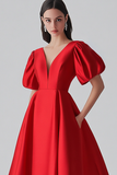 Rotes formelles Kleid aus A-Linien-Satin mit Puffärmeln