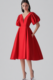 Rotes formelles Kleid aus A-Linien-Satin mit Puffärmeln