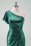 Dunkelgrünes Metallic-One-Shoulder-Meerjungfrauen-Cocktailkleid mit Rüschen