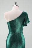 Dunkelgrünes Metallic-One-Shoulder-Meerjungfrauen-Cocktailkleid mit Rüschen