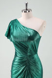 Dunkelgrünes Metallic-One-Shoulder-Meerjungfrauen-Cocktailkleid mit Rüschen