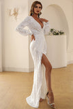 Weiß V Hals Spitze Maxi Partykleid