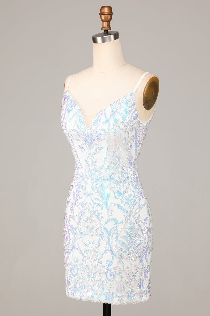 Laden Sie das Bild in den Galerie-Viewer, Exquisite Outlook Scheide Spaghetti Träger Weiße Pailletten Kurzes Homecoming Kleid