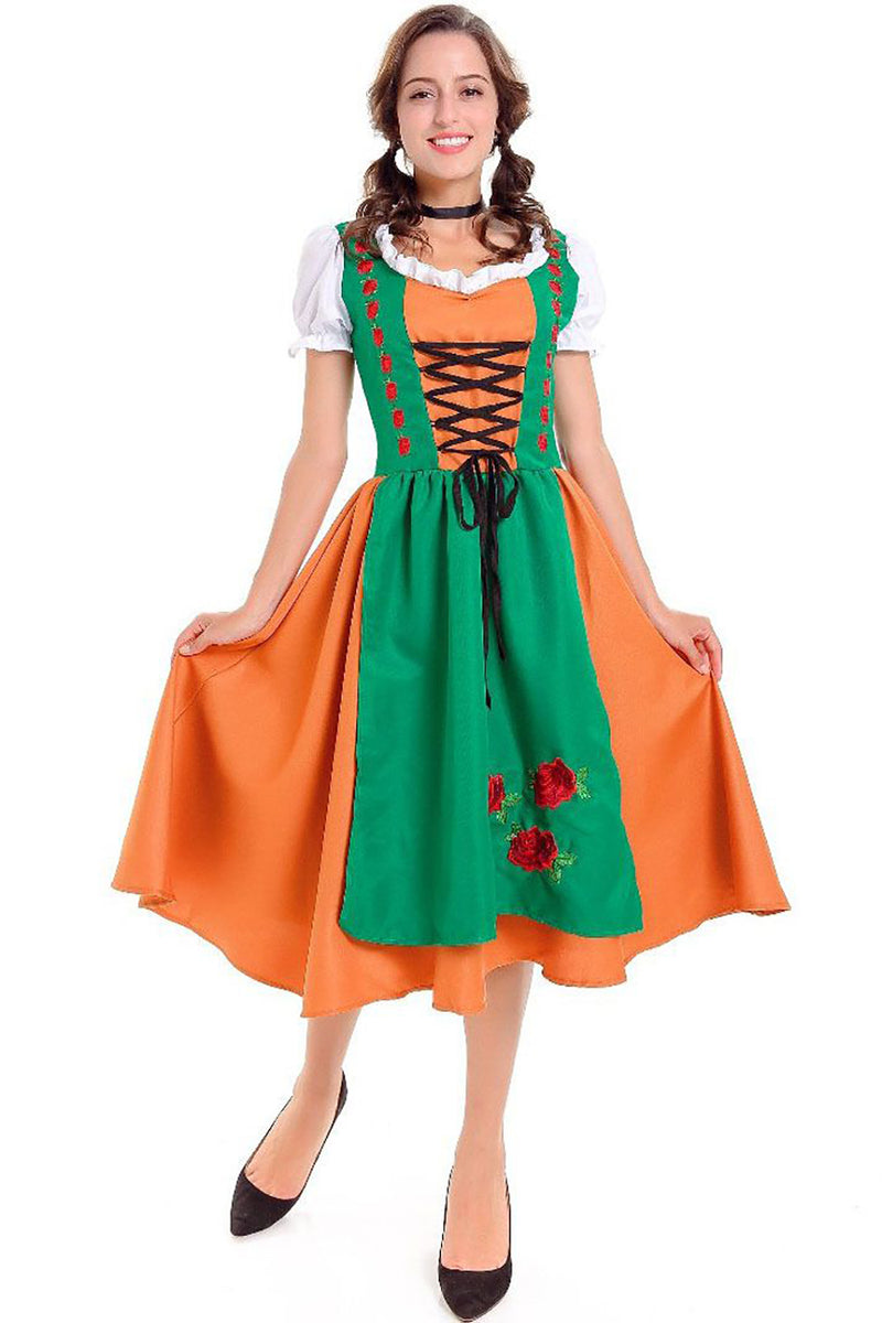 Laden Sie das Bild in den Galerie-Viewer, Dirndl Bauernmädchen Grün-Orange Faschingskostüm Oktoberfest Maid Kostüm Bier