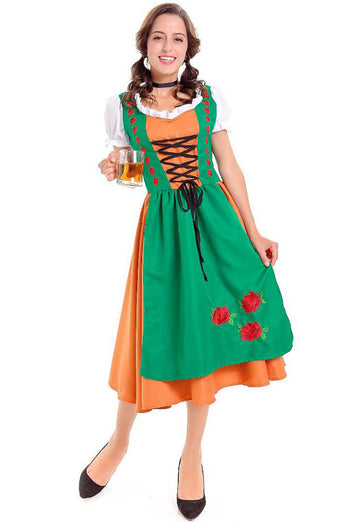 Dirndl Bauernmädchen Grün-Orange Faschingskostüm Oktoberfest Maid Kostüm Bier