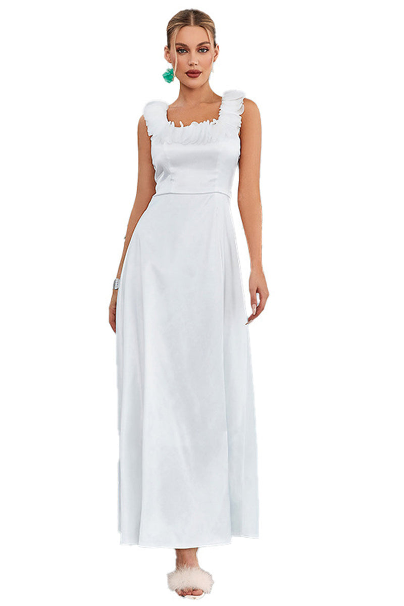 Laden Sie das Bild in den Galerie-Viewer, Weißes A-Linien-Kleid mit quadratischem Ausschnitt und langem Ballkleid