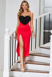 Rotes Bodycon Spaghetti Staps Partykleid mit 3D-Blume
