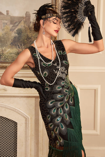 Glitzerndes schwarzes Flapper-Kleid mit Fransen aus den 1920er Jahren