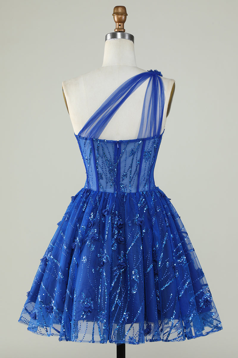 Laden Sie das Bild in den Galerie-Viewer, Einschuliges A Line Korsett Königsblaues Abendkleid mit Perlen