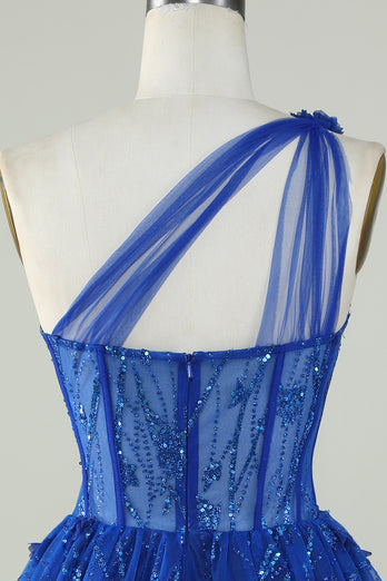 Einschuliges A Line Korsett Königsblaues Abendkleid mit Perlen