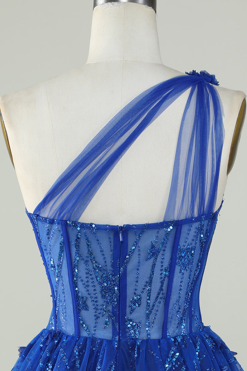 Laden Sie das Bild in den Galerie-Viewer, Einschuliges A Line Korsett Königsblaues Abendkleid mit Perlen