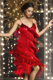 Rotes Pailletten Roaring Gatsby Fransen Flapper Kleid