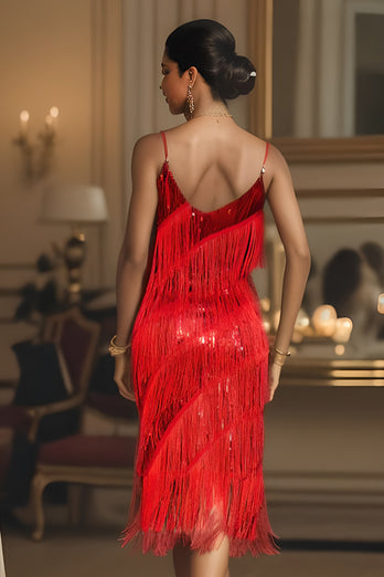 Rotes Pailletten Roaring Gatsby Fransen Flapper Kleid