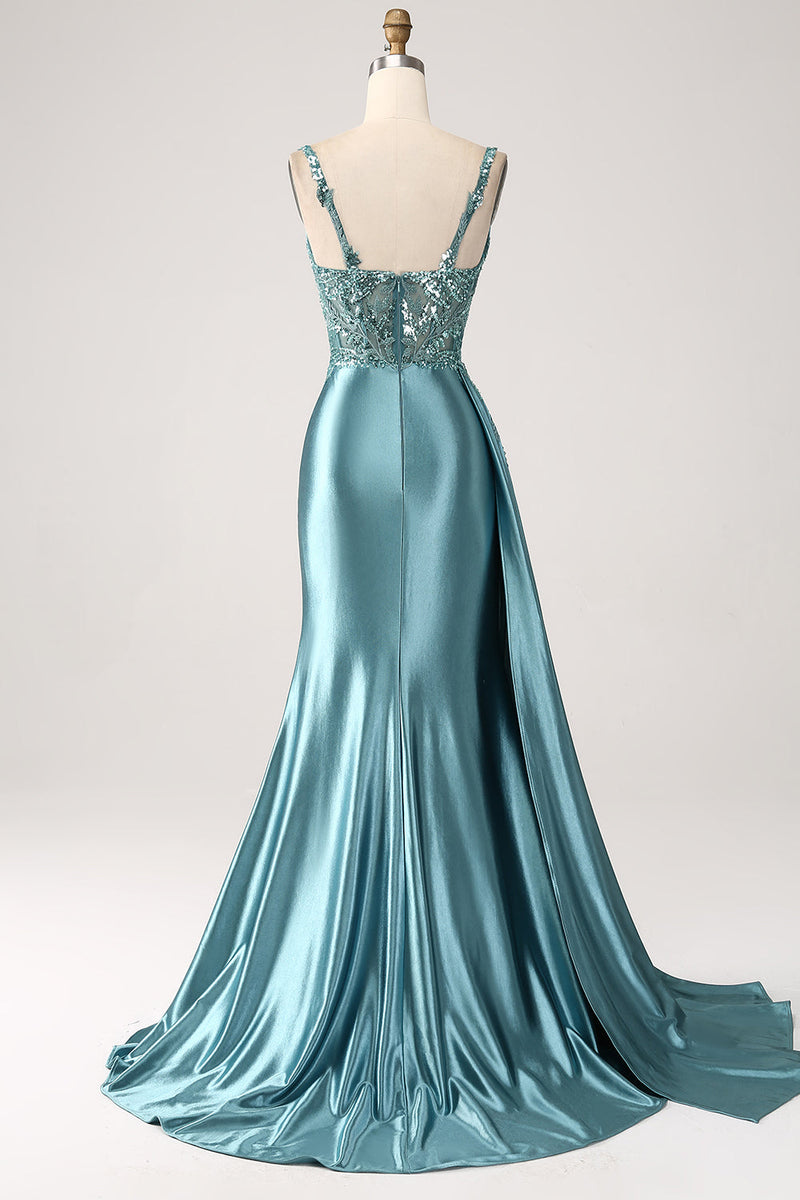 Laden Sie das Bild in den Galerie-Viewer, Blaues Meerjungfrauen-Kleid aus Satin mit V-Ausschnitt und langen Applikationen Pailletten-Ballkleid mit Schlitz