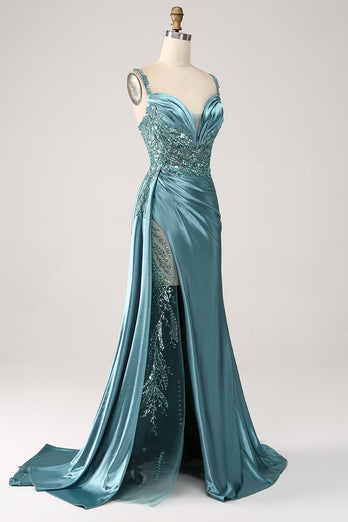 Blaues Meerjungfrauen-Kleid aus Satin mit V-Ausschnitt und langen Applikationen Pailletten-Ballkleid mit Schlitz