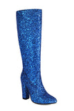 Glitzernde blaue Cowgirl-Stiefel mit hohen Absätzen