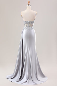 Silberne Meerjungfrau Plissee, transparentes, durchsichtiges langes Korsett-Satin-Ballkleid mit Schlitz