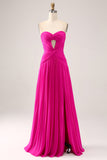 Fuchsia A Line Sweetheart Plissee Schlüsselloch Langes Ballkleid mit Schlitz