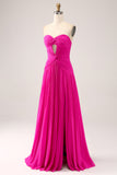 Fuchsia A Line Sweetheart Plissee Schlüsselloch Langes Ballkleid mit Schlitz