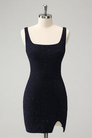 Glitzerndes dunkelblaues Bodycon-Mini-Homecoming-Kleid mit quadratischem Ausschnitt und Schlitz