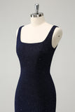 Glitzerndes dunkelblaues Bodycon-Mini-Homecoming-Kleid mit quadratischem Ausschnitt und Schlitz