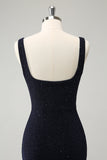 Glitzerndes dunkelblaues Bodycon-Mini-Homecoming-Kleid mit quadratischem Ausschnitt und Schlitz