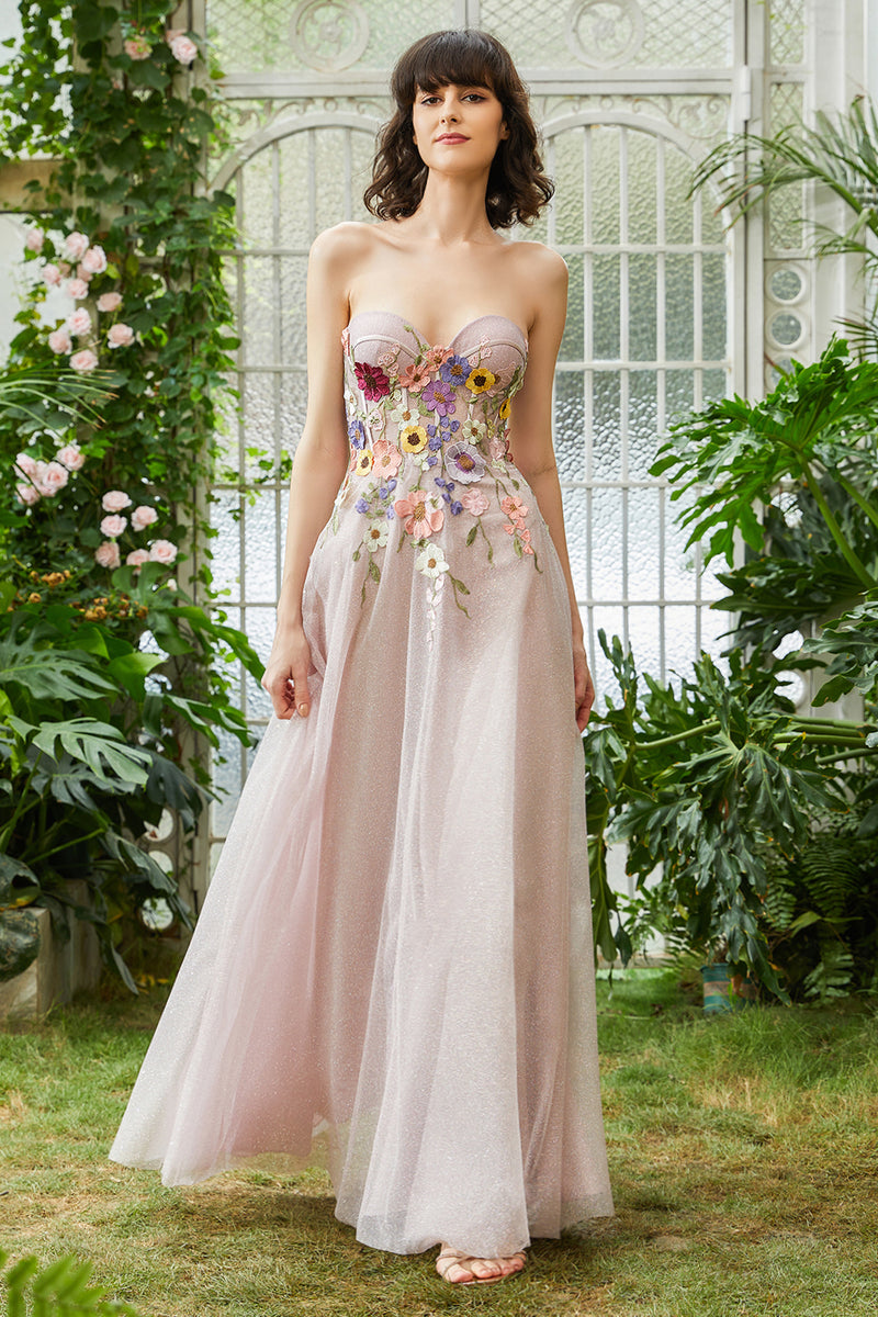 Laden Sie das Bild in den Galerie-Viewer, Elegantes trägerloses langes Hochzeitsgastkleid in A-Linie mit 3D Blumen