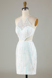 Weißes Pailletten-Neckholder-Enges Homecoming-Kleid mit Schnürung am Rücken