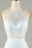 Weißes Pailletten-Neckholder-Enges Homecoming-Kleid mit Schnürung am Rücken
