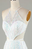 Weißes Pailletten-Neckholder-Enges Homecoming-Kleid mit Schnürung am Rücken