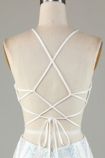 Weißes Pailletten-Neckholder-Enges Homecoming-Kleid mit Schnürung am Rücken