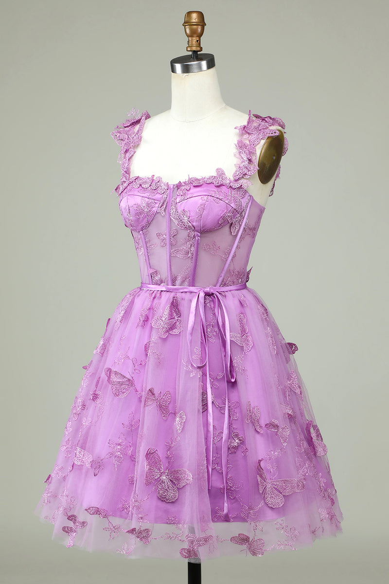 Laden Sie das Bild in den Galerie-Viewer, Niedliches A Line Liebliches Lila Korsett Heimkehr Kleid mit Applikationen