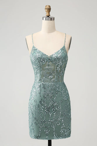 Grünes, figurbetontes kurzes Homecoming-Kleid mit Perlen und kreuz und quer überkreuztem Rücken