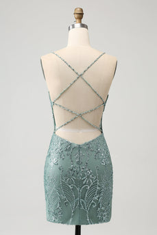 Grünes, figurbetontes kurzes Homecoming-Kleid mit Perlen und kreuz und quer überkreuztem Rücken