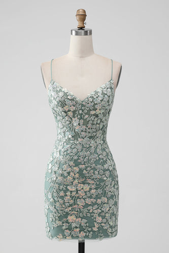 Graugrünes, figurbetontes kurzes Homecoming-Kleid mit Schnürrücken und Paillettenapplikation