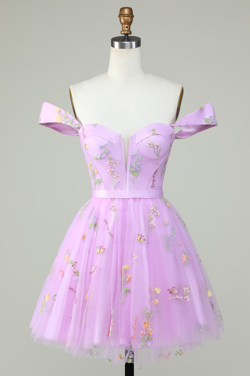 Laden Sie das Bild in den Galerie-Viewer, Schulterfreies Lavendelfarbenes Süßes Abendkleid mit Stickerei