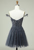 Laden Sie das Bild in den Galerie-Viewer, Navy Spaghettiträger kurzes Homecoming Kleid mit Applikationen
