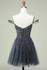 Laden Sie das Bild in den Galerie-Viewer, Blau Spaghettiträger kurzes Homecoming Kleid mit Applikationen