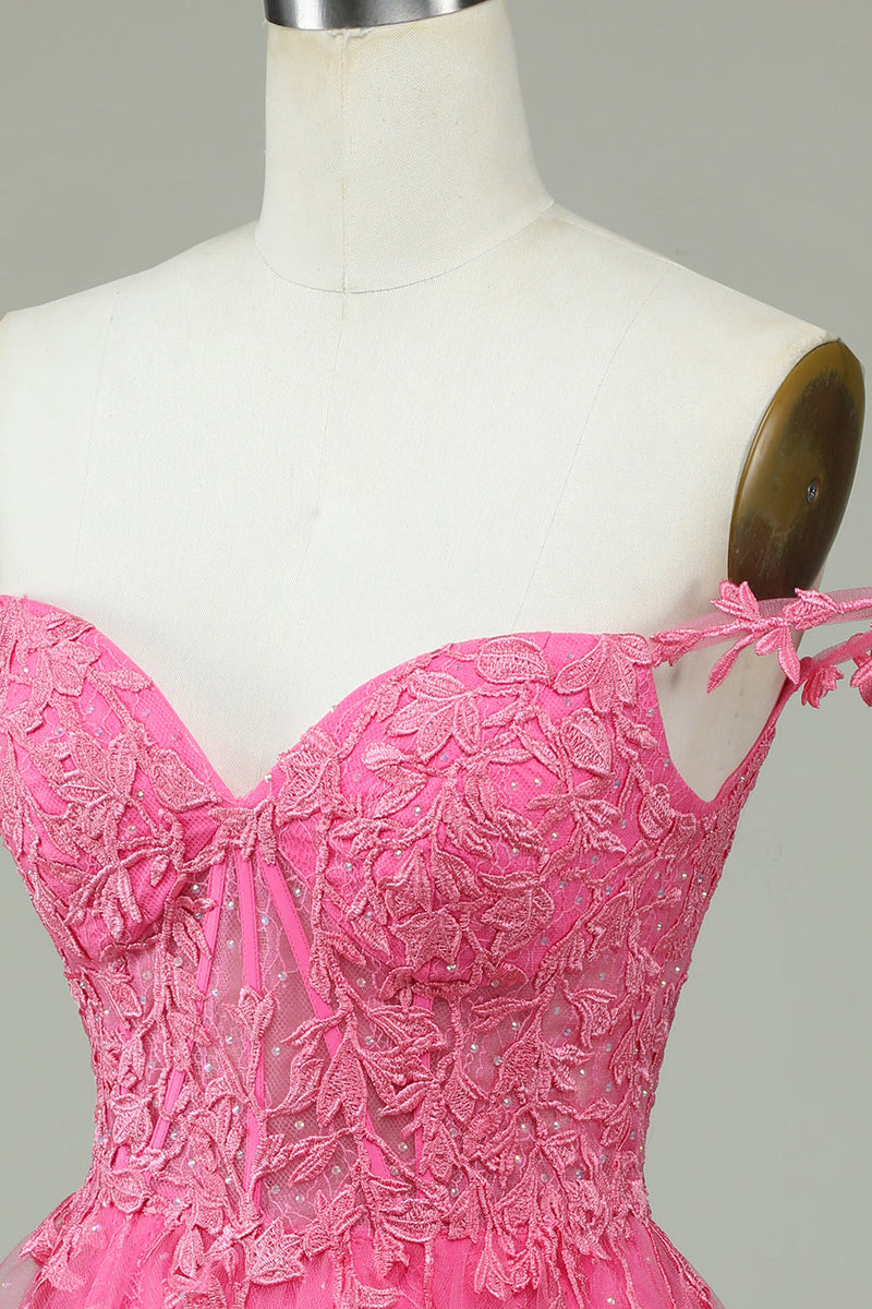 Laden Sie das Bild in den Galerie-Viewer, Rosa Spaghettiträger kurzes Homecoming Kleid mit Applikationen