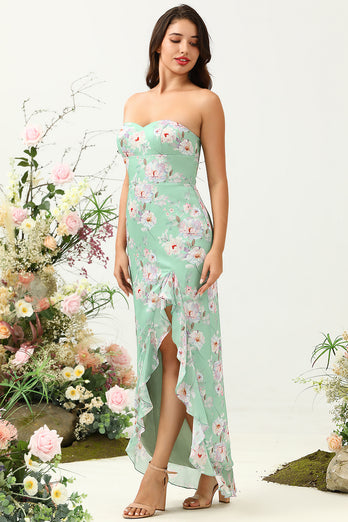 Hellgrün Spaghettiträger-Brautjungfernkleid mit Blumenmuster und Schlitz
