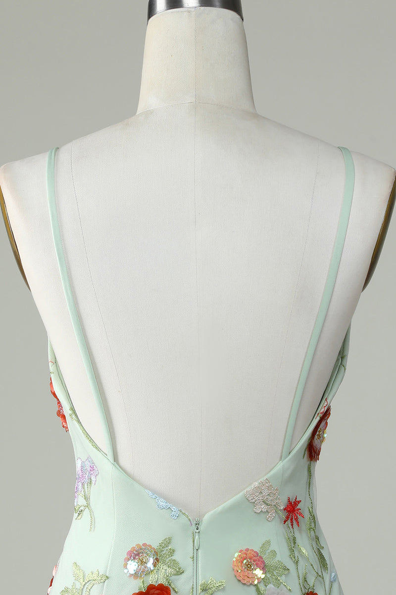 Laden Sie das Bild in den Galerie-Viewer, Spaghetti-Träger Olive Eng anliegendes Abendkleid mit Stickerei
