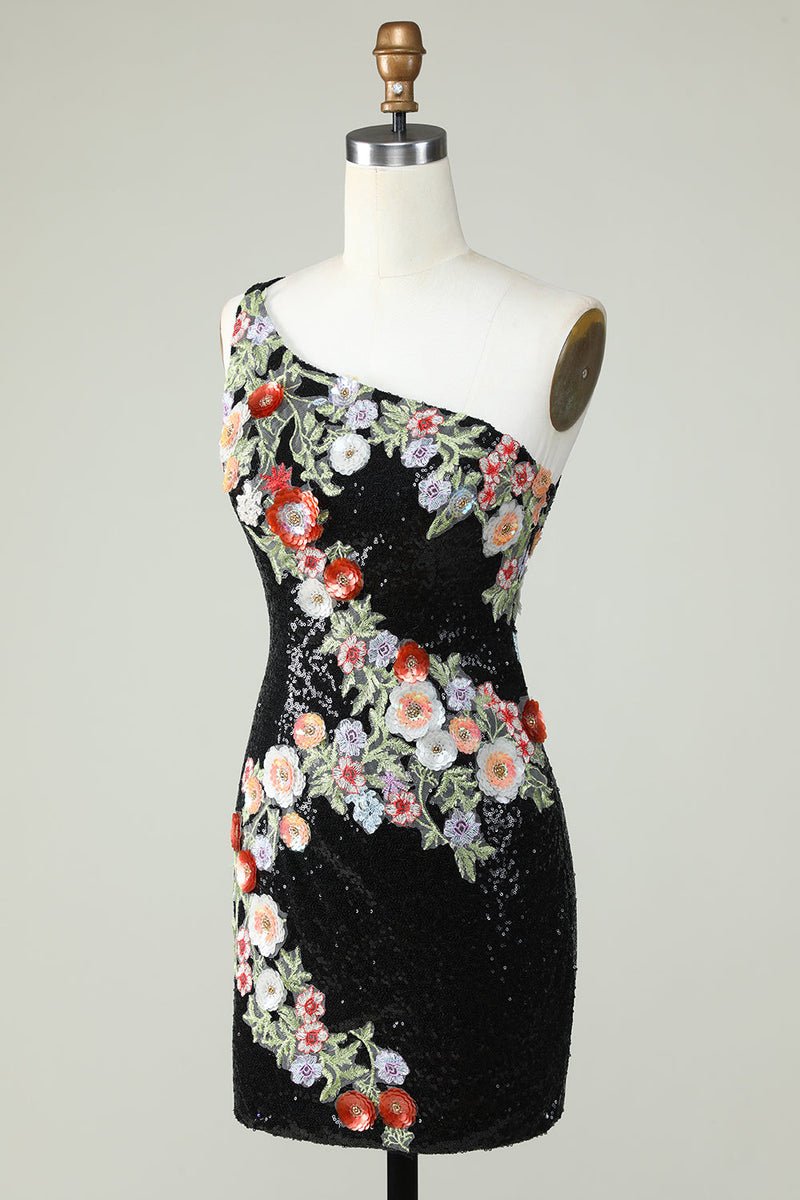 Laden Sie das Bild in den Galerie-Viewer, Schwarzes Ein-Schulter Pailletten Enges Heimkehrer Kleid mit Blume