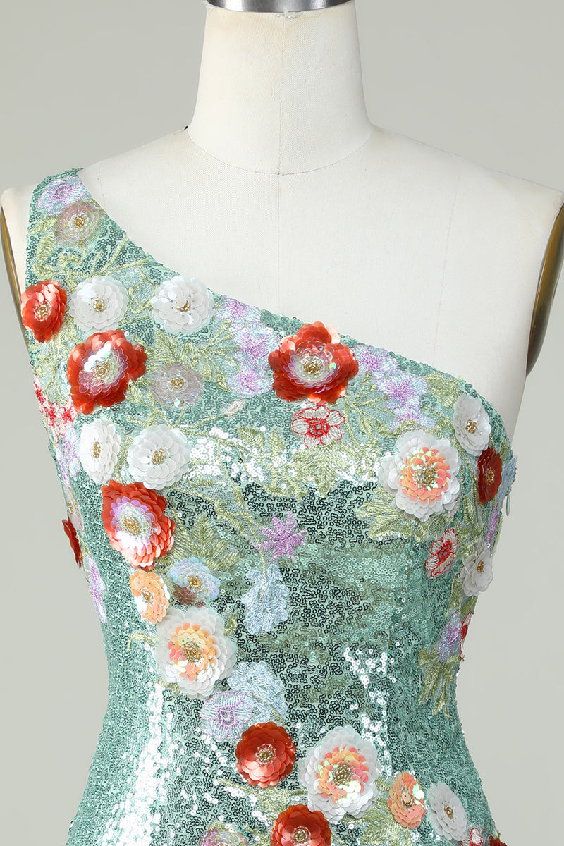 Laden Sie das Bild in den Galerie-Viewer, Grünes Ein-Schulter Pailletten Enges Heimkehrer Kleid mit Blume