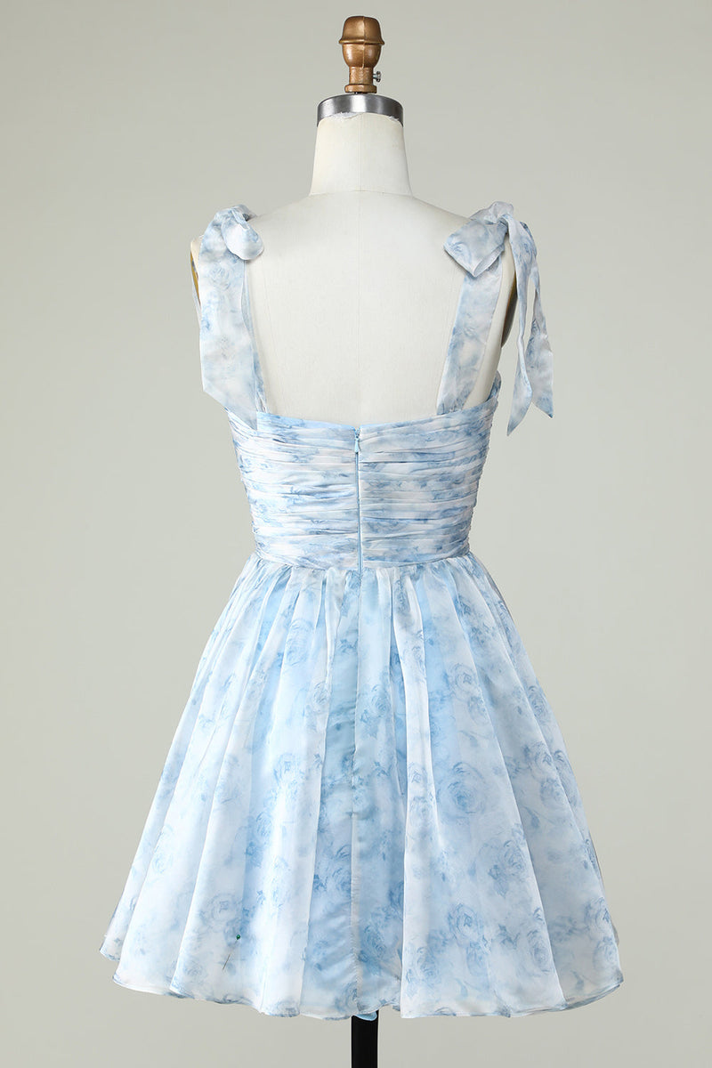 Laden Sie das Bild in den Galerie-Viewer, Blau A Line Bedrucktes Niedliches Abendkleid mit Rüschen